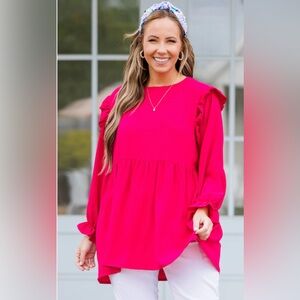Chic Soul Vibrant Pink Ruffle Sleeve Peplum Blouse
